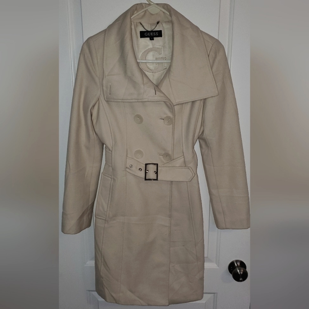 Women's Belted Guess Pea Coat - Size XS - Wool - Authentic - Cream Color